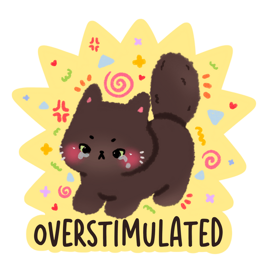 overstimulated kitty funny adorable vinyl sticker - relatable cat glossy sticker - happy doodle studio