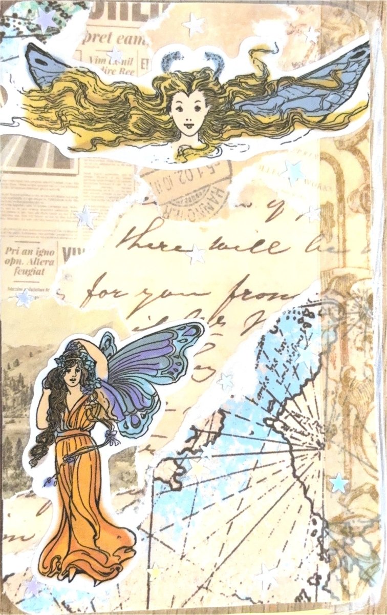 wings and wandering handmade fairy collage art card - one of a kind vintage ephemera - happy doodle studio
