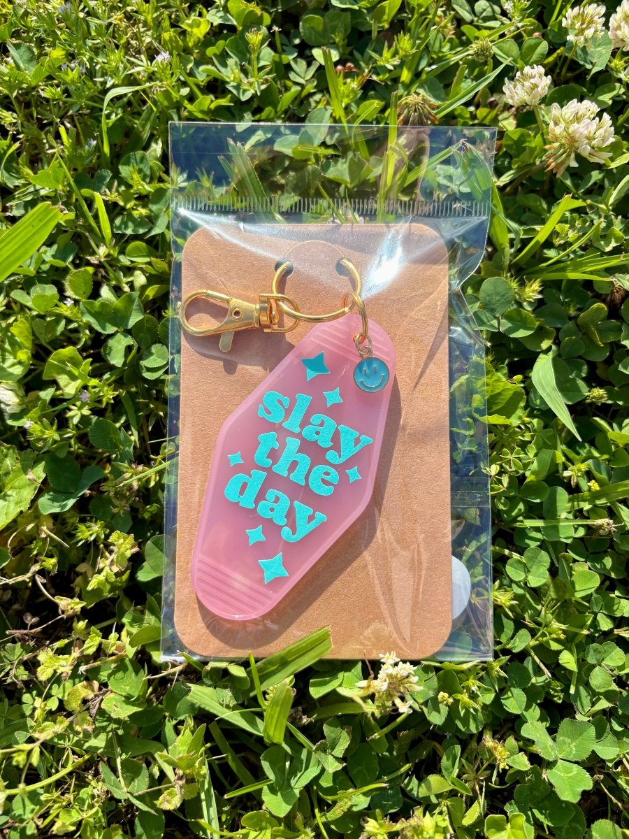 handmade motel style pink acrylic keychain teal lettering slay the day sparkle details gold clasp teal smiley charm