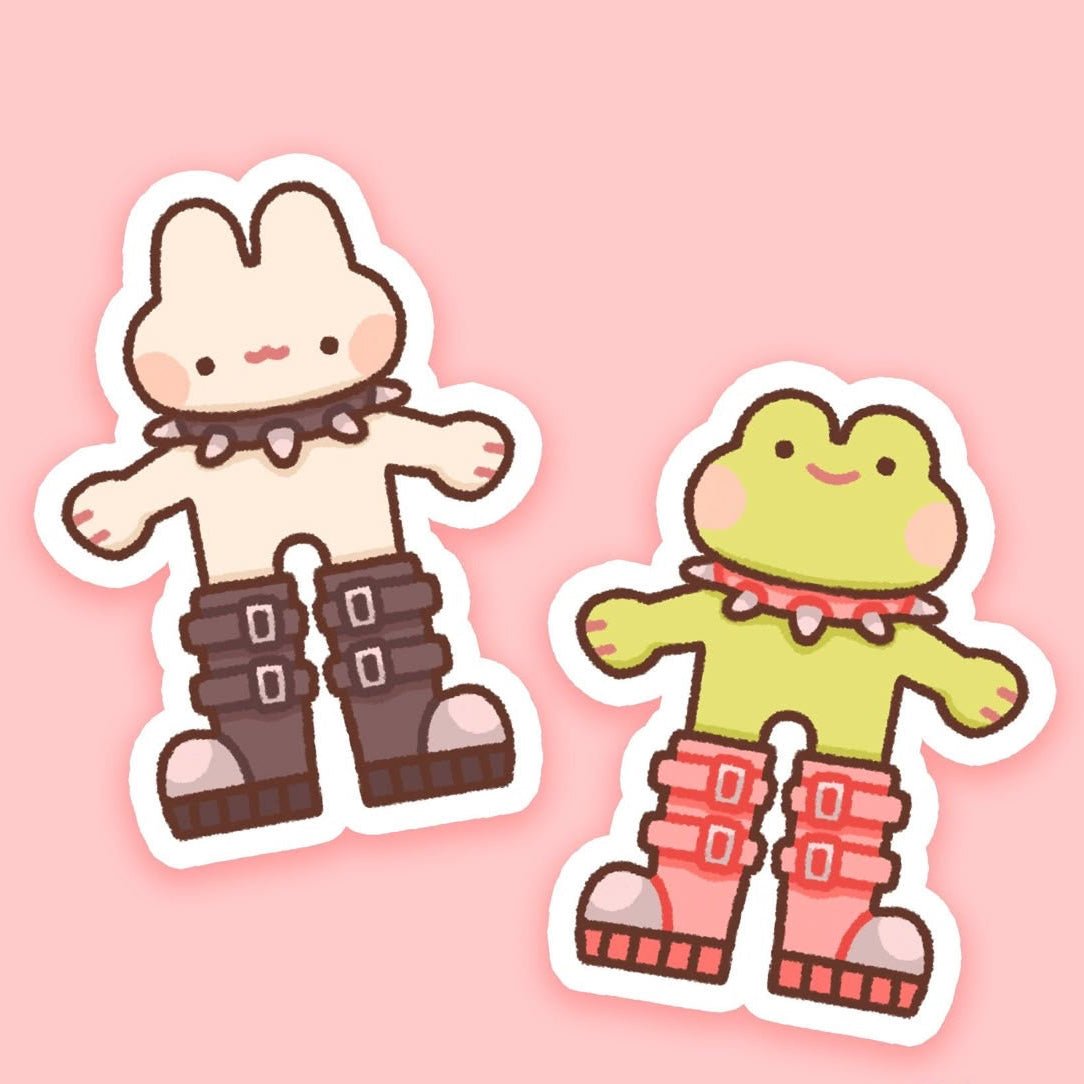 girlies in goth boots whimsical vinyl sticker - goth frog or bunny glossy sticker - happy doodle studio