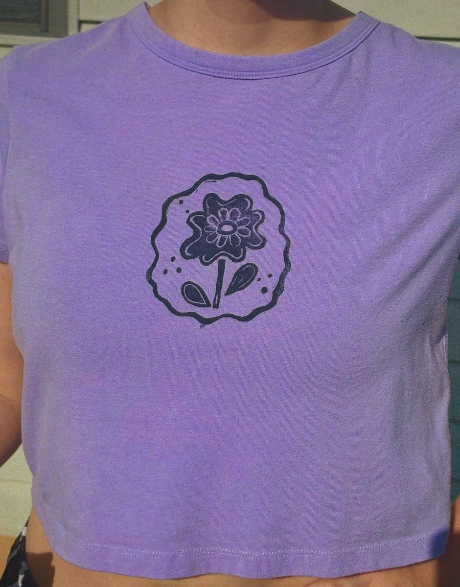 block-printed flower baby tee · lavender
