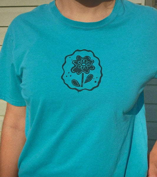 block-printed flower tee · teal