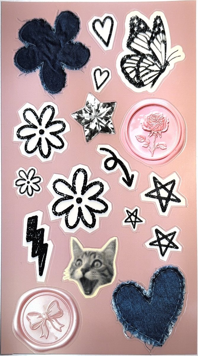 junk journal sticker sheet - whimsical scrapbook vinyl stickers - happy doodle studio