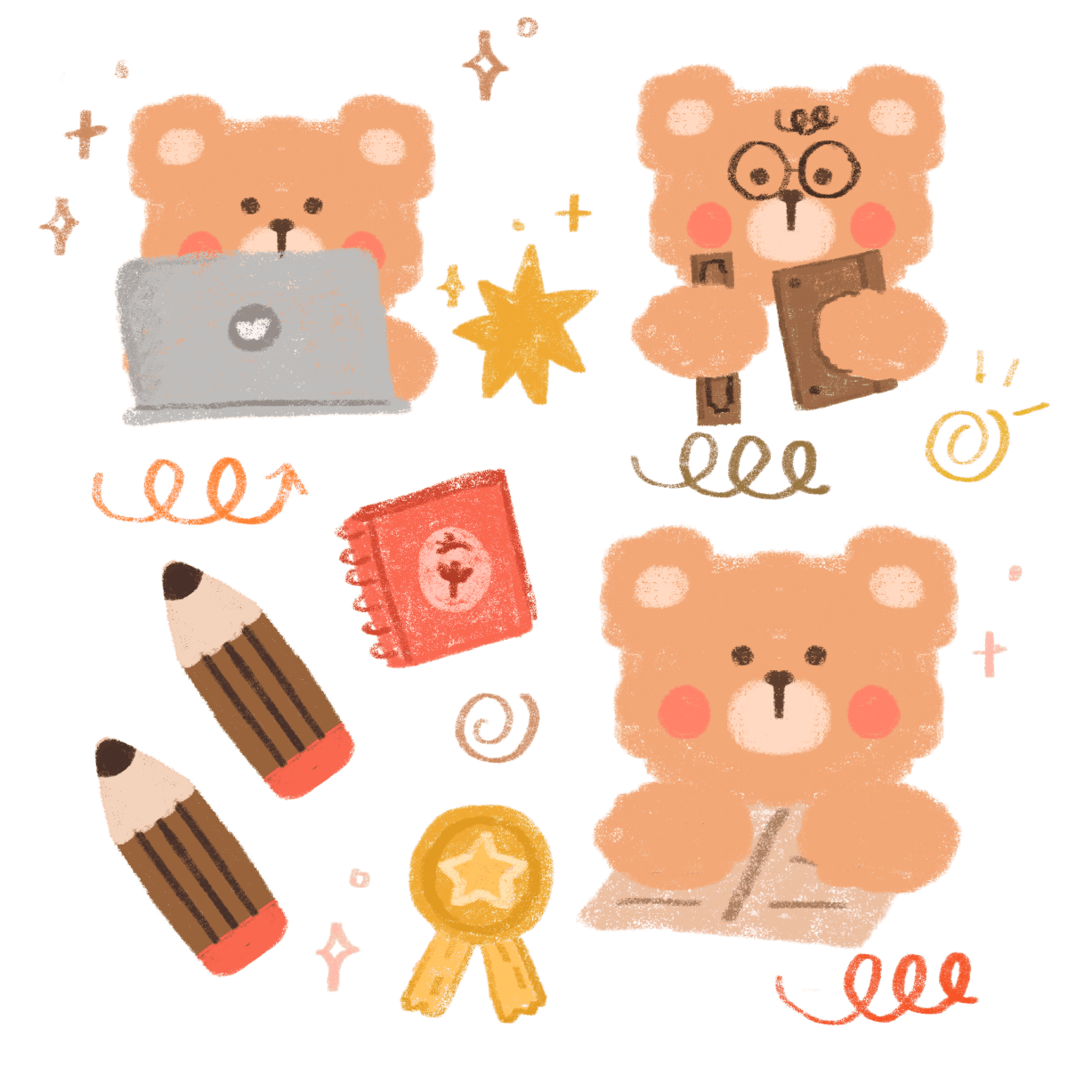 little bear study bear vinyl sticker sheet - kawaii glossy planner stickers - happy doodle studio