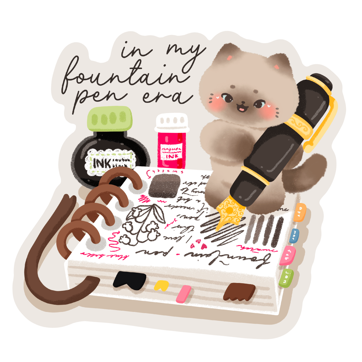 journal kitty adorable cat vinyl sticker - cat with journal glossy sticker - happy doodle studio