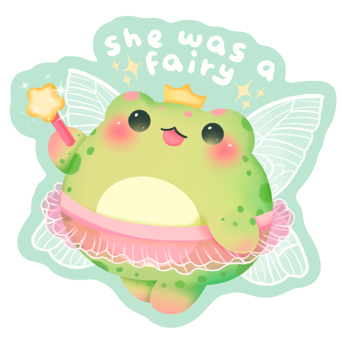 she was a fairy frog whimsical vinyl sticker - frog queen with wings glossy sticker - happy doodle studio