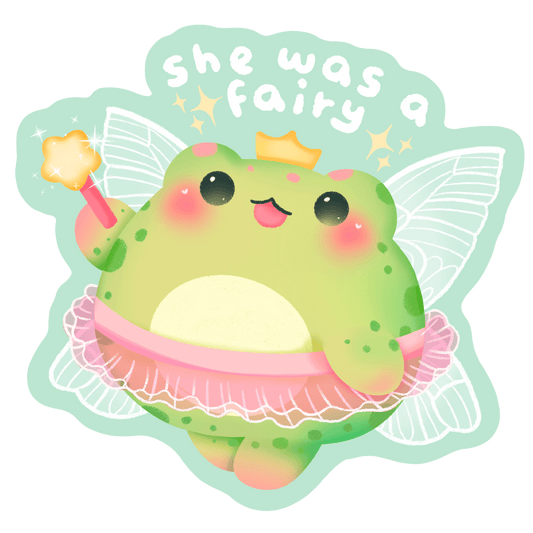 she was a fairy frog whimsical vinyl sticker - frog queen with wings glossy sticker - happy doodle studio