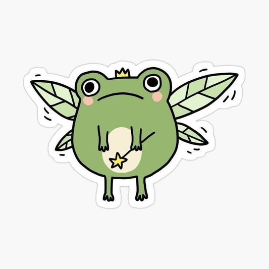 fairy frog whimsical adorable vinyl sticker - frog with wings glossy sticker - happy doodle studio