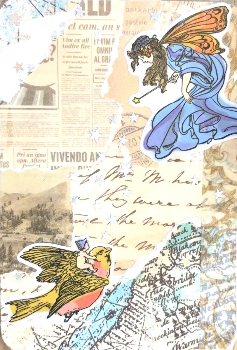 follow the stars handmade fairy collage art card - one of a kind vintage ephemera art - happy doodle studio