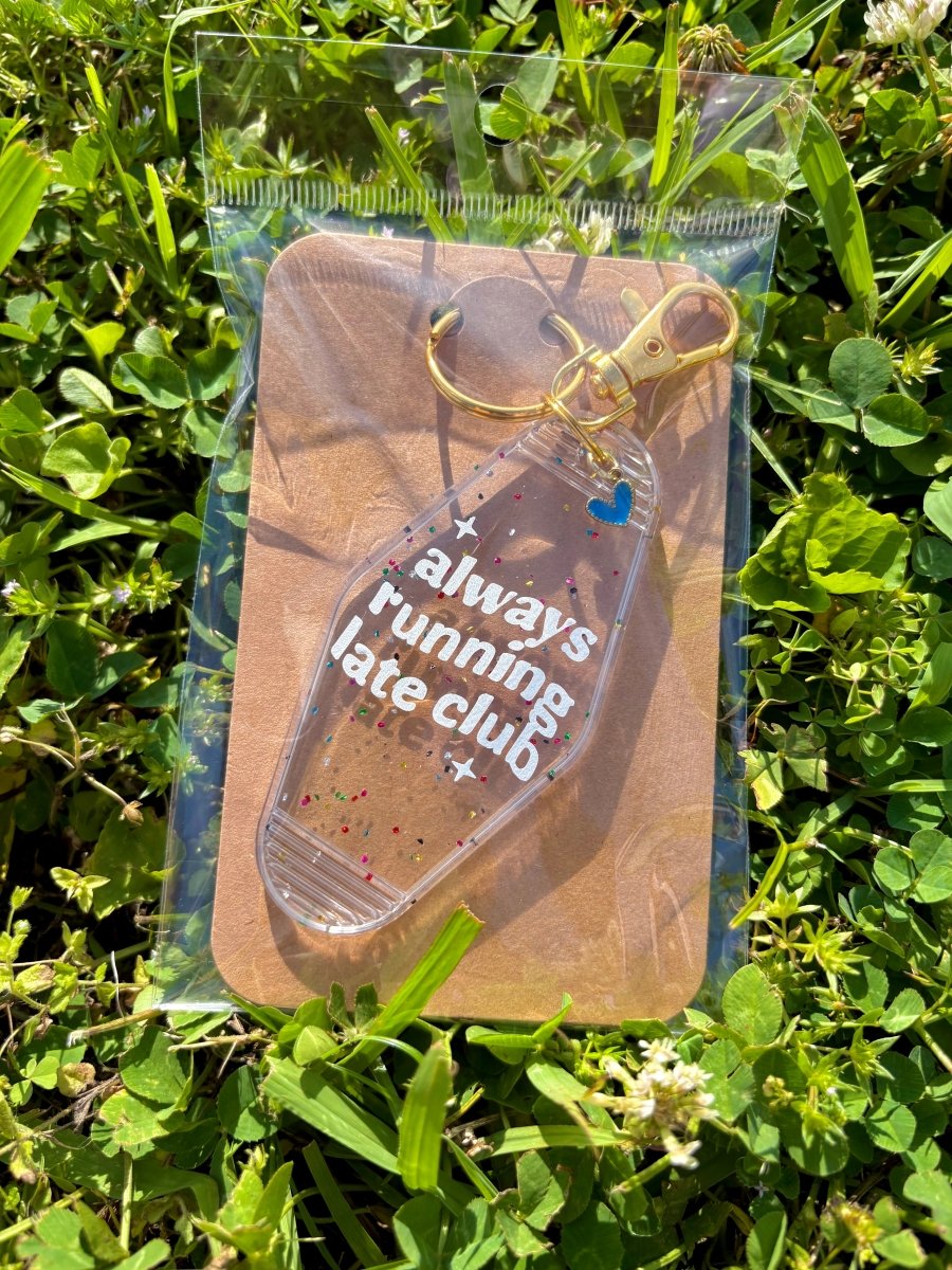 handmade motel style clear confetti glitter acrylic keychain white lettering always running late club gold clasp blue heart charm