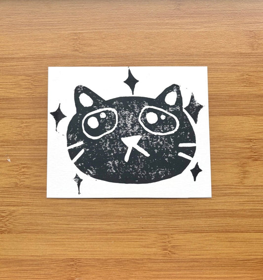 starry cat linocut print
