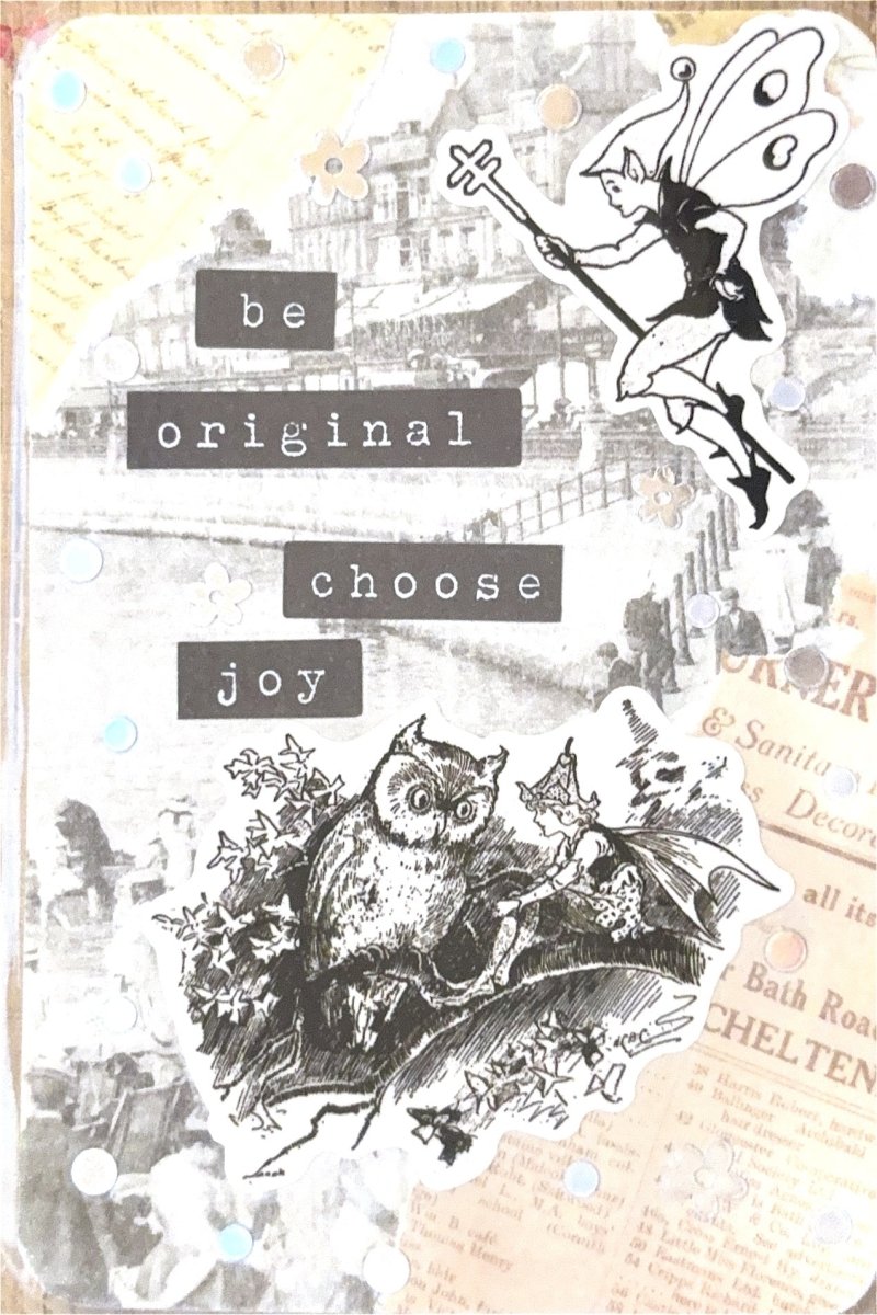 choose joy handmade whimsical collage art card - one of a kind vintage ephemera art - happy doodle studio