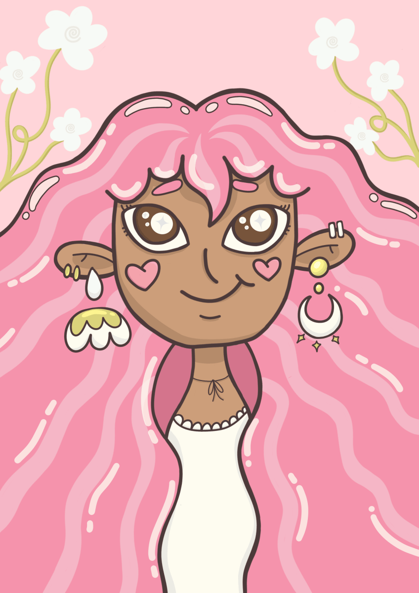 Kawaii art print of a smiling girl with long flowing pink hair, brown skin, heart-shaped blush, and crescent moon earrings, framed by white flowers on a soft pink background