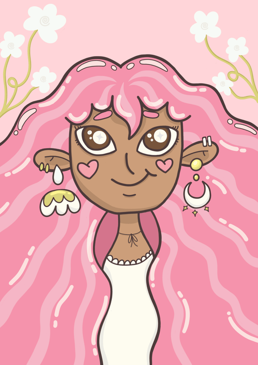 Kawaii art print of a smiling girl with long flowing pink hair, brown skin, heart-shaped blush, and crescent moon earrings, framed by white flowers on a soft pink background