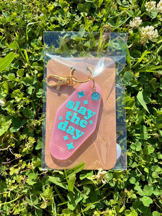 handmade motel style pink acrylic keychain teal lettering slay the day sparkle details gold clasp teal smiley charm