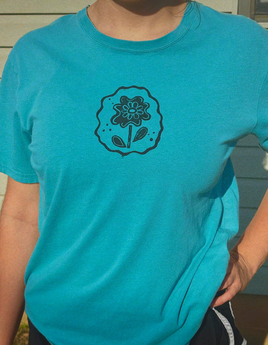 block-printed flower tee · teal