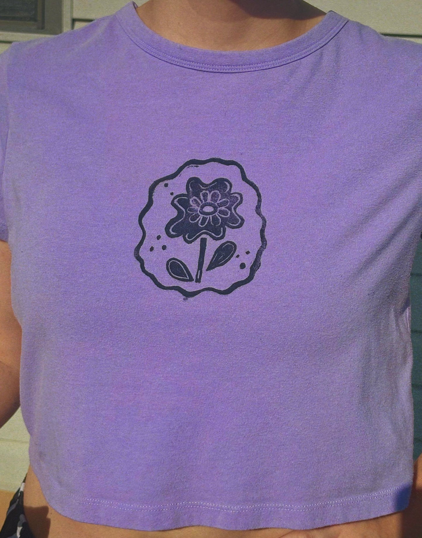 block-printed flower baby tee · lavender