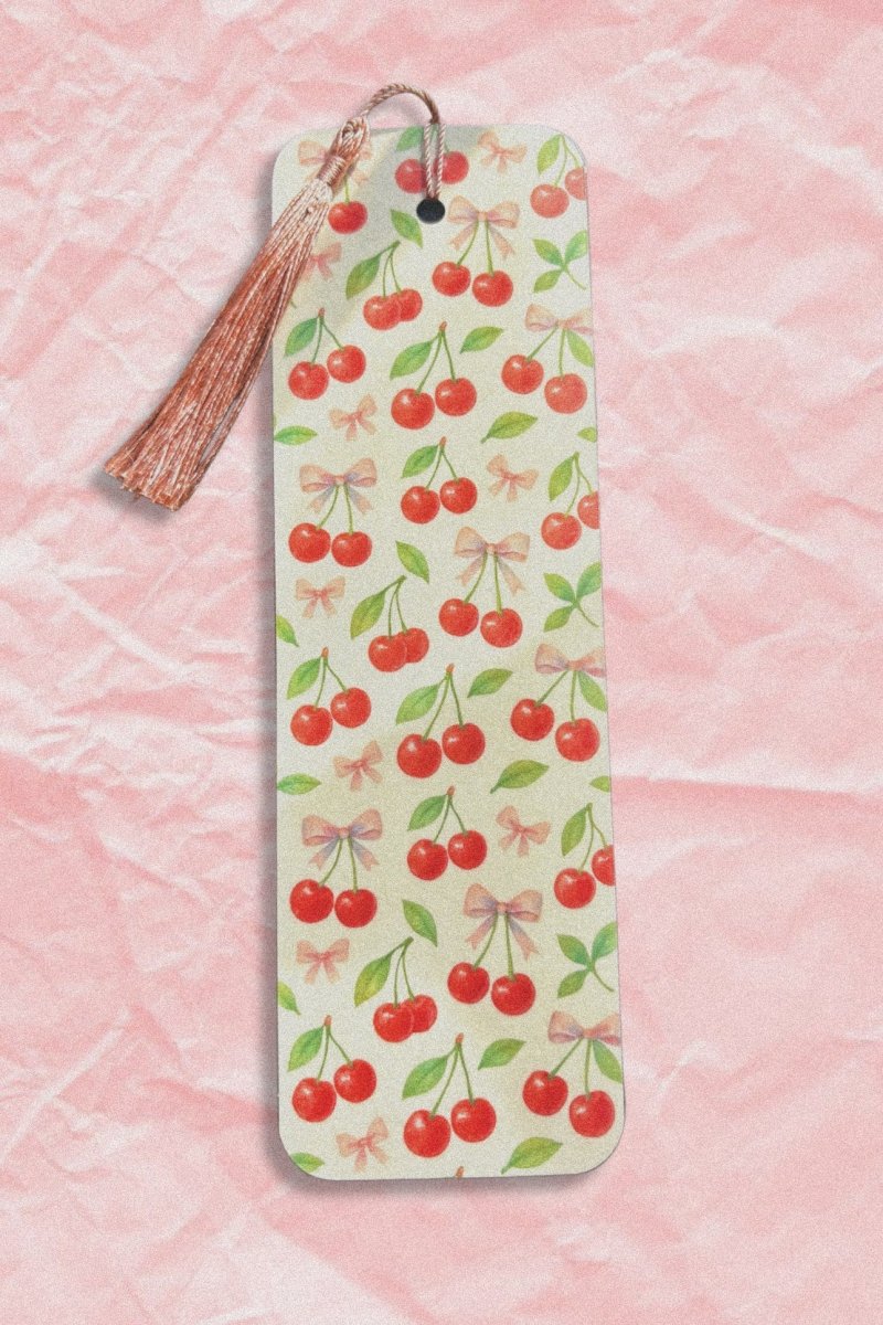 handmade double sided illustrated bookmarks with tassel - cow print cherries book stacks - happy doodle studio