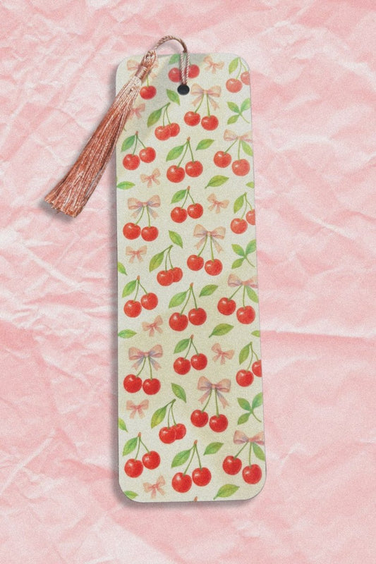 handmade double sided illustrated bookmarks with tassel - cow print cherries book stacks - happy doodle studio