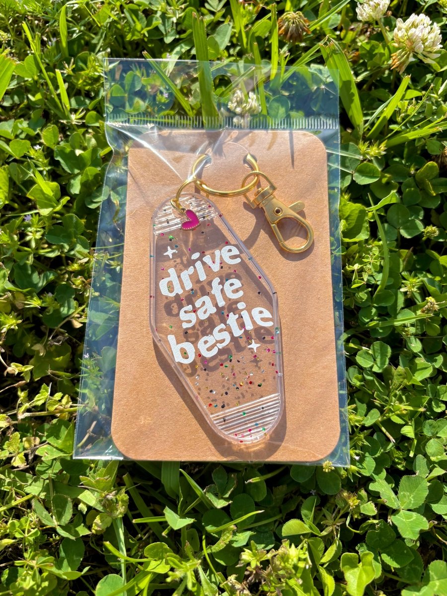 handmade motel style clear confetti glitter acrylic keychain white lettering drive safe bestie gold clasp pink heart charm