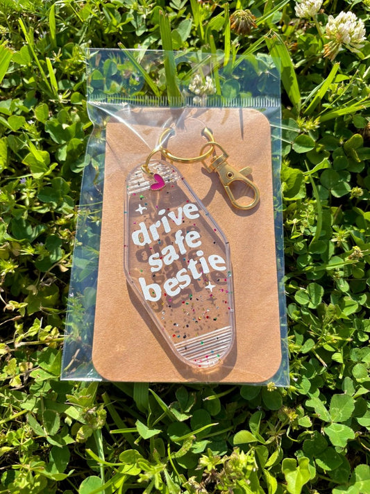 handmade motel style clear confetti glitter acrylic keychain white lettering drive safe bestie gold clasp pink heart charm