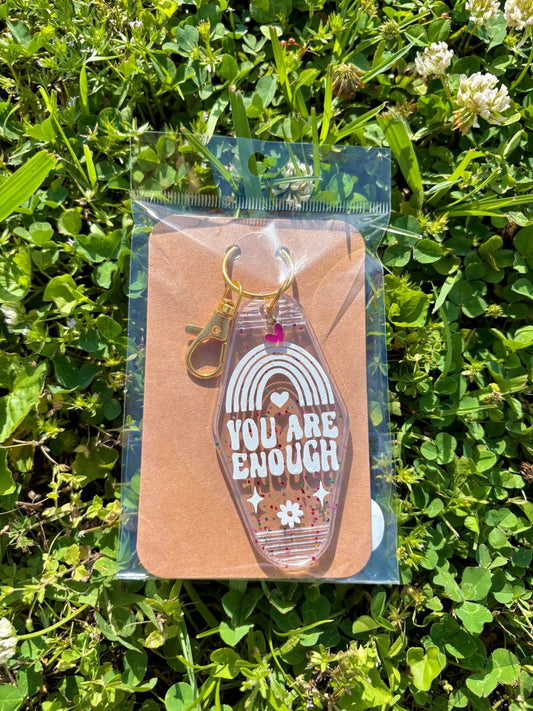 handmade motel style clear confetti glitter acrylic keychain rainbow design white lettering you are enough gold clasp pink heart charm