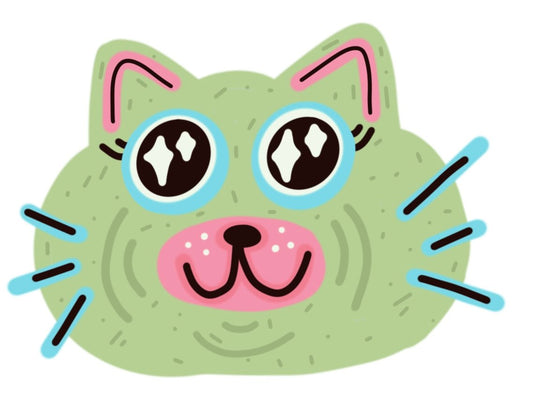 mossy the overstimulated cat adorable vinyl sticker - cute green cat glossy sticker - happy doodle studio