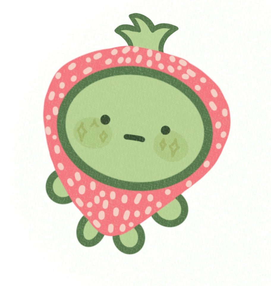smiski in a strawberry adorable vinyl sticker - cute character glossy waterproof sticker - happy doodle studio