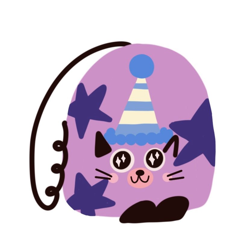 party cat adorable birthday vinyl sticker - purple cat with birthday hat glossy sticker - happy doodle studio