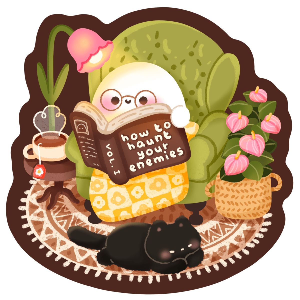 cozy haunting ghost sticker — little ghost reading 'how to haunt your enemies' in a green armchair with tea and a black cat