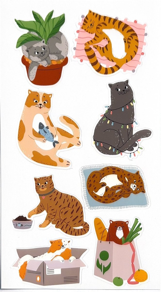 silly cats sticker sheet - funny cat planner stickers - glossy waterproof vinyl - happy doodle studio