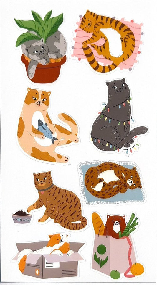 silly cats sticker sheet - funny cat planner stickers - glossy waterproof vinyl - happy doodle studio