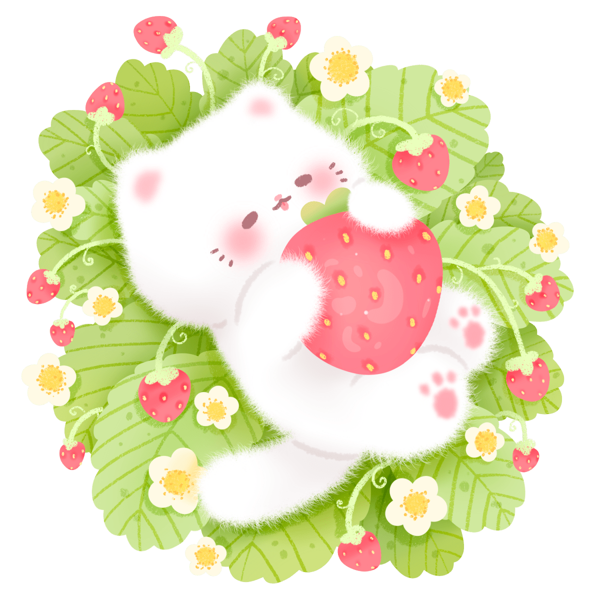 fluffy kitty strawberry patch cottagecore vinyl sticker - white cat glossy waterproof sticker - happy doodle studio
