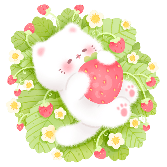 fluffy kitty strawberry patch cottagecore vinyl sticker - white cat glossy waterproof sticker - happy doodle studio
