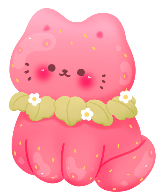 strawberry kitty sitting pose kawaii vinyl sticker - cute cat glossy waterproof sticker - happy doodle studio