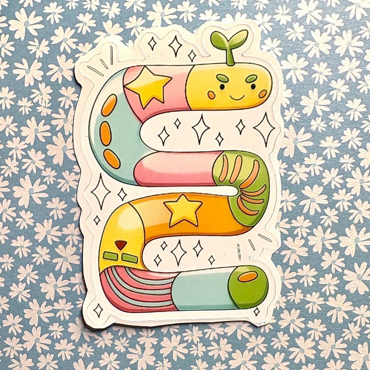 adorable star worm glossy vinyl sticker - cute waterproof sticker - happy doodle studio