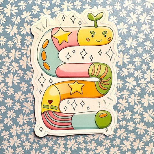 adorable star worm glossy vinyl sticker - cute waterproof sticker - happy doodle studio